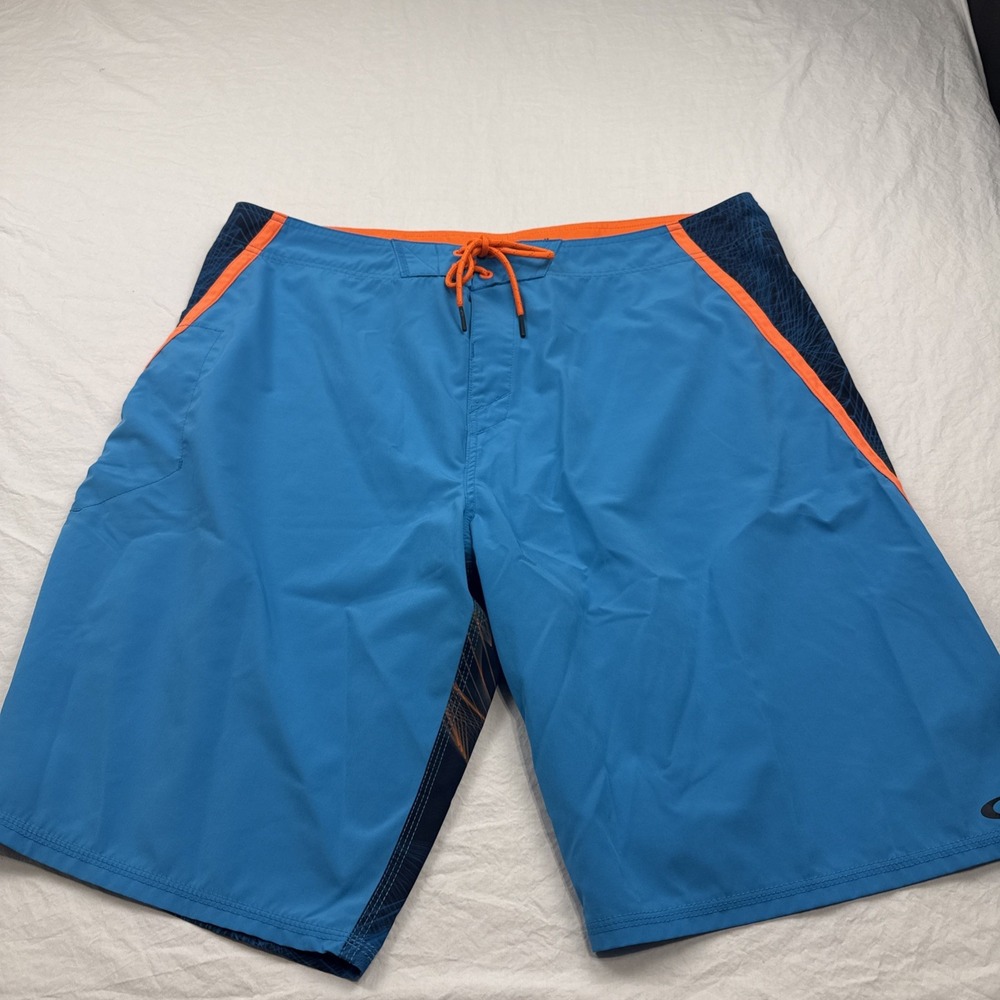 Oakley SHORTS Men 40 Board Swim Surf Pocket BLUE ORG ISLAND GRAPHIC DRAWSTRING